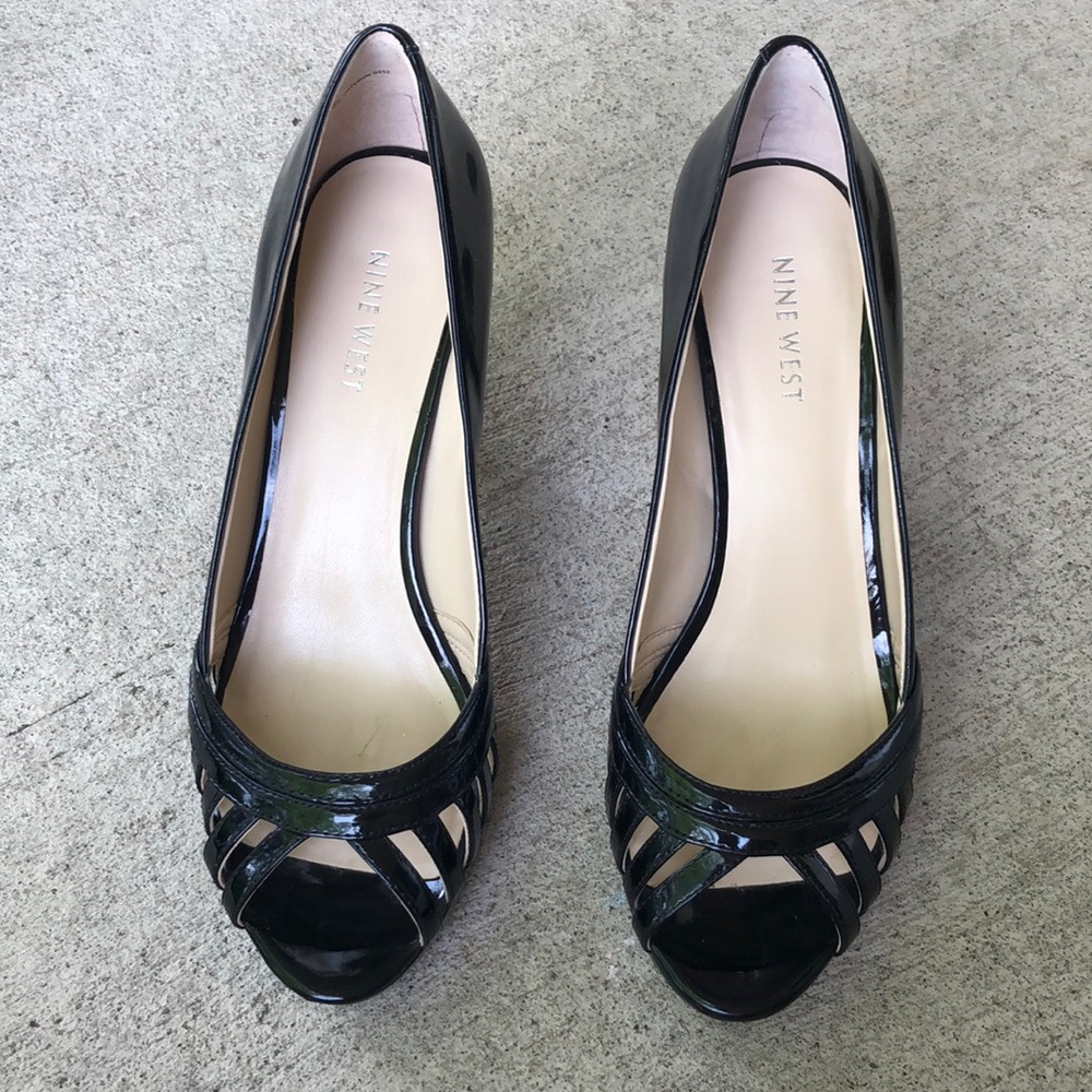 Peep Toe Black Patent Leather Nine West Pumps size 8